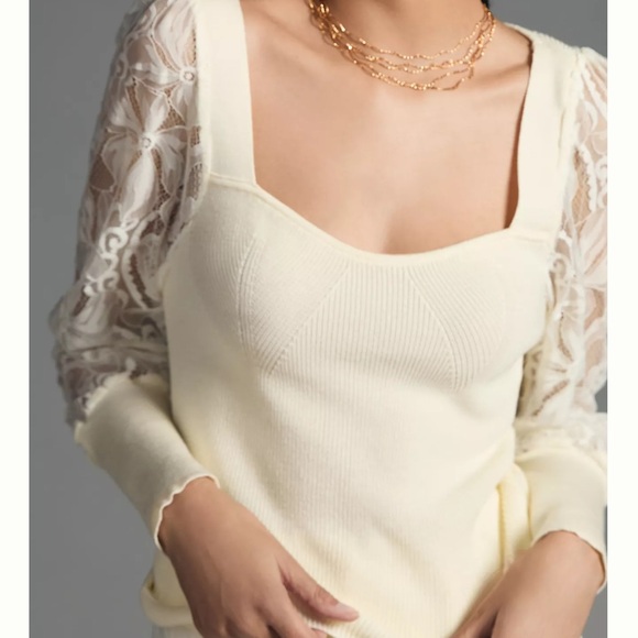 Anthropologie NEW Lace Sleeve Cream Sweater Top